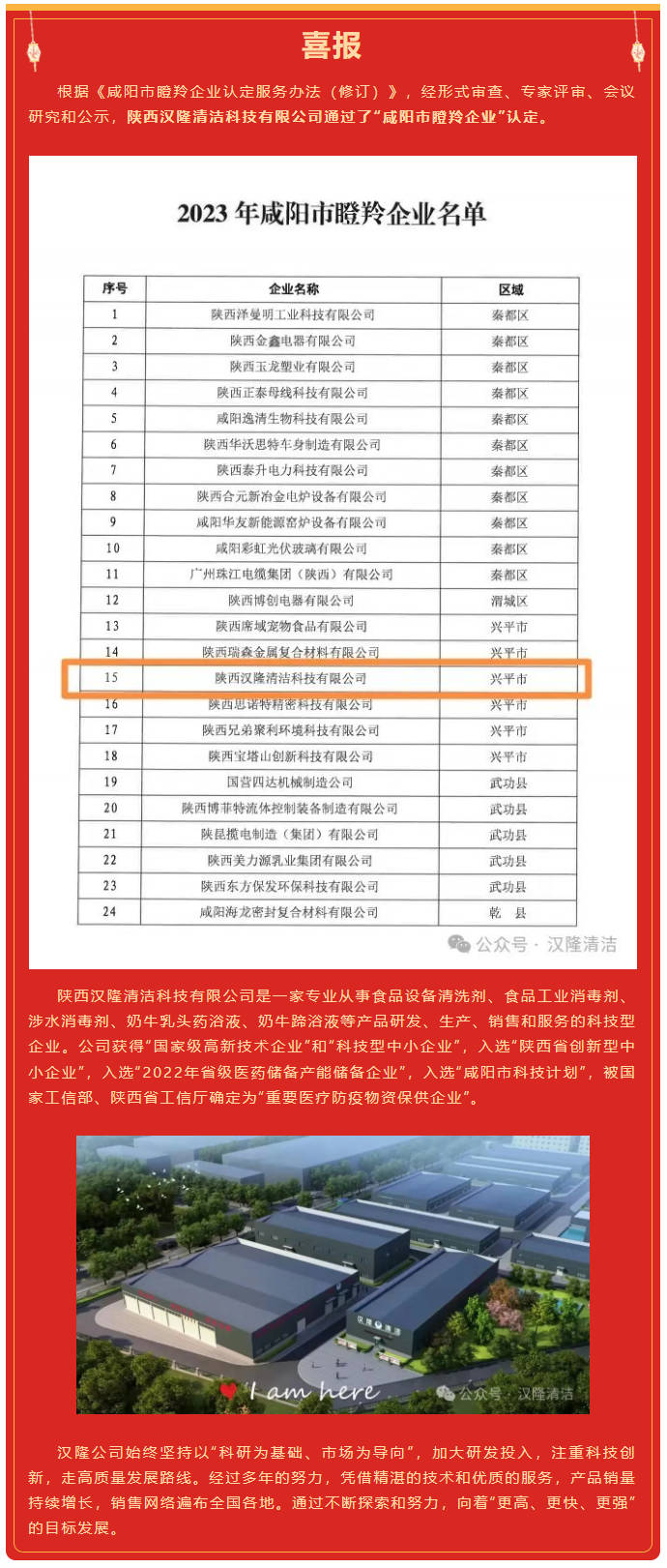 【喜報】陜西漢隆清潔科技有限公司通過了“咸陽市瞪羚企業”認定！